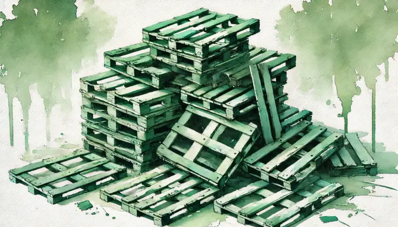 Stos zielonych, drewnianych palet. To materiał, który może być traktowany jako kod odpadu drewno, gotowy do recyklingu lub ponownego wykorzystania.