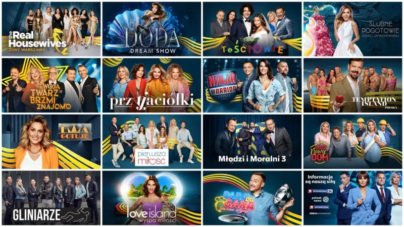 Kolaż programów telewizyjnych, w tym "The Real Housewives", "Doda Dream Show" i "Ninja Warrior Polska", przypominający ofertę kanału Nickelodeon.