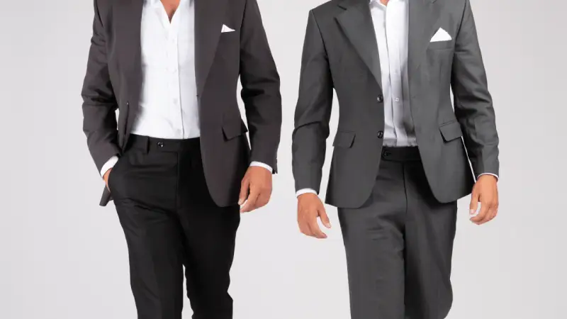 Two men in suits. The one on the left wears a dark grey sport coat with black pants. The one on the right wears a medium grey suit. Both are dressed for a wedding.