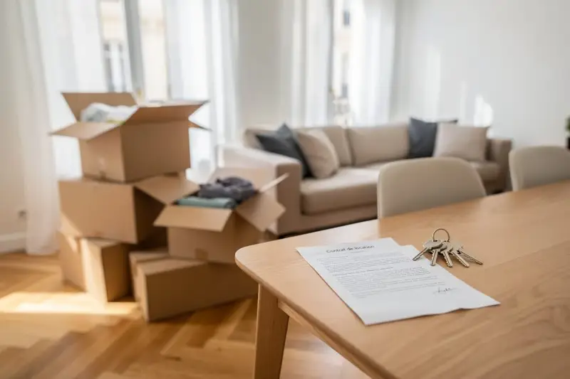 Clés et contrat de location sur une table en bois, cartons de déménagement empilés. Un nouveau départ dans une zone tendue.