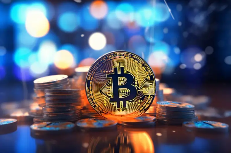 Złota moneta z symbolem Bitcoin na tle rozmytych świateł.