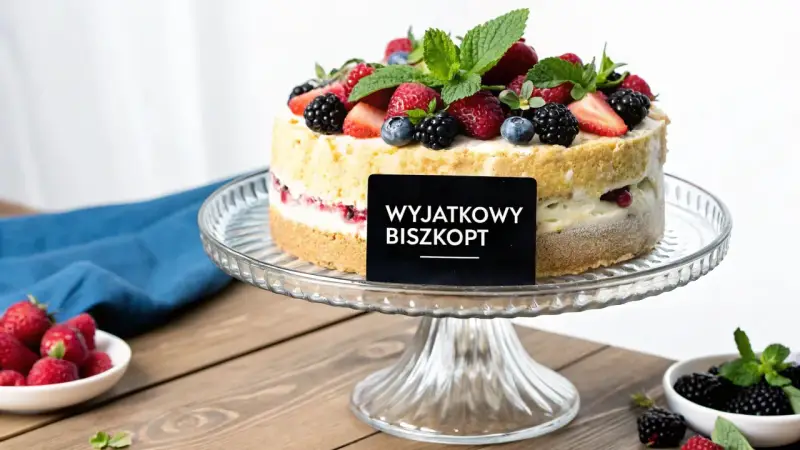Wyjątkowy biszkopt z owocami leśnymi na paterze. Czy to tort bezowy czy tort biszkoptowy?
