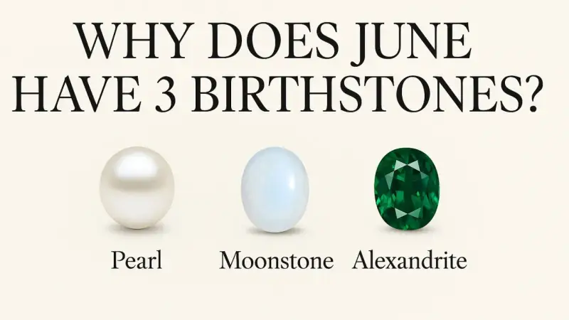Three June 30th birthstones: a pearl, a moonstone, and an emerald-cut alexandrite.