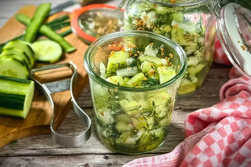 Schnellgurken rezept ohne kochen: Frische Gurkenscheiben mit Dill und Senfkörnern in Gläsern, bereit zum Einlegen.