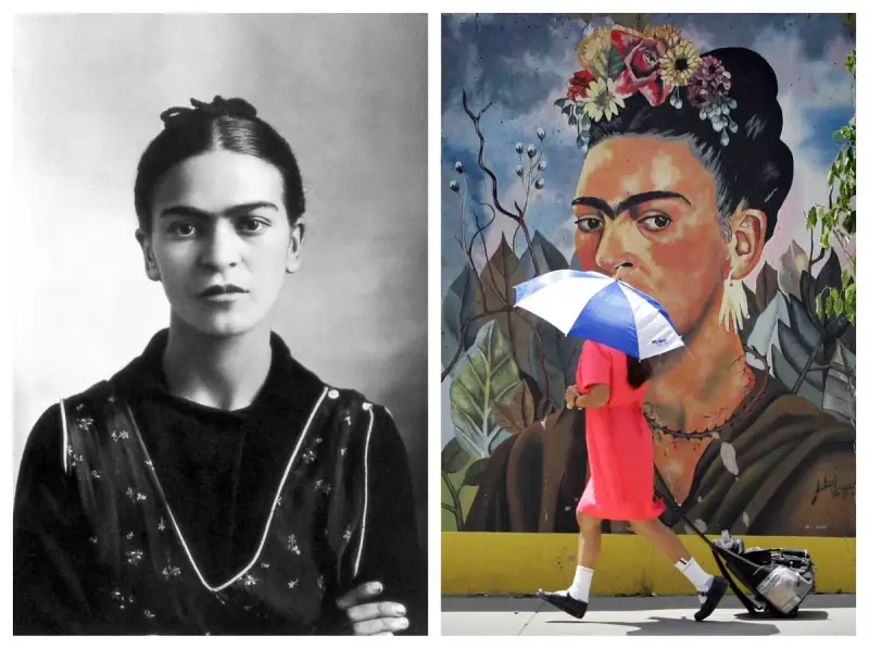 Frida Kahlo fakta: en ikonisk porträttbild och en färgstark muralmålning där en person med paraply passerar framför.