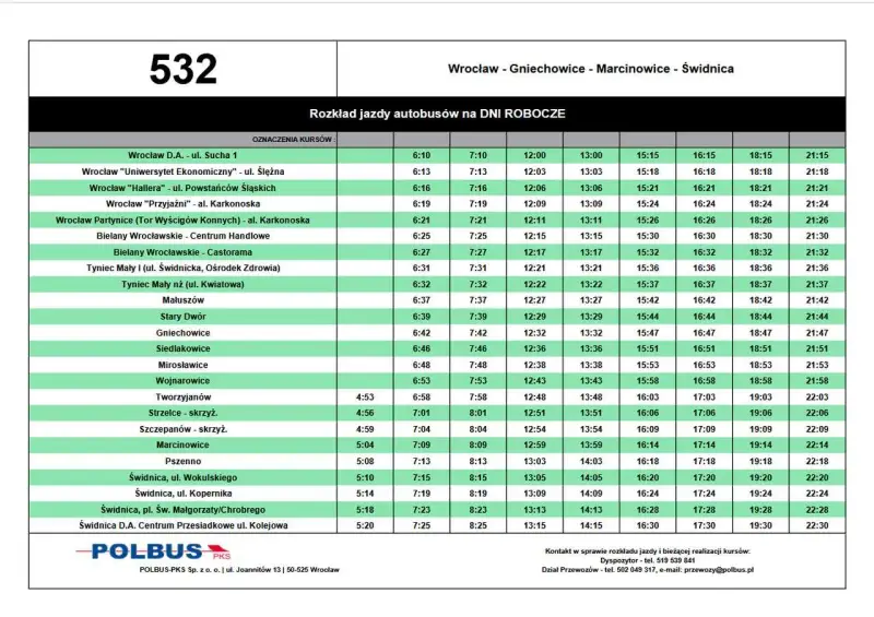 Rozkład jazdy autobusu 137 relacji Wrocław - Gniechowice - Marcinowice - Świdnica.