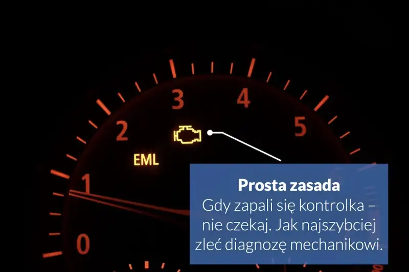 Na desce rozdzielczej świeci się żółta kontrolka silnika (check engine) i EML. Nie czekaj, gdy zapali się kontrolka, zleć diagnozę mechanikowi.