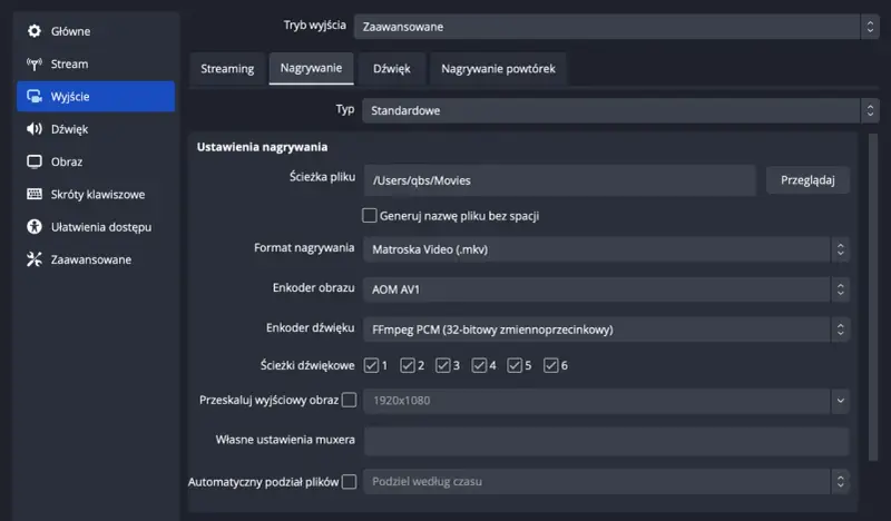 Ustawienia nagrywania wideo: ścieżka pliku, format .mkv, enkoder AOM AV1, dźwięk FFmpeg PCM, rozdzielczość 1920x1080, czyli **full HD jaka to rozdzielczość**.