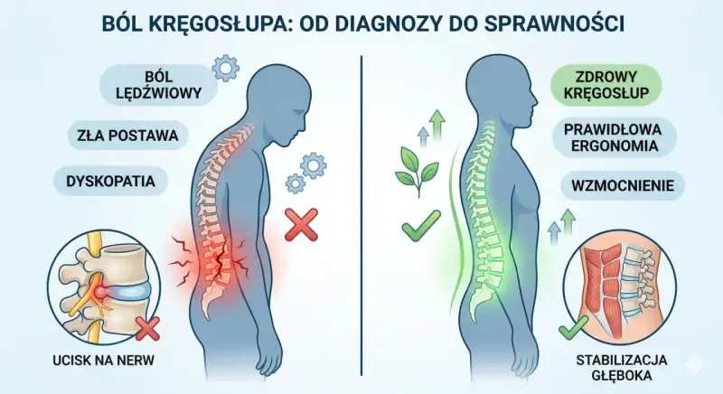 Ilustracja pokazuje, jak dyskopatia kręgosłupa prowadzi do bólu i złej postawy, w przeciwieństwie do zdrowego kręgosłupa dzięki ergonomii i wzmocnieniu.