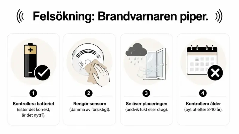 Felsökning: brandlarm piper. Kontrollera batteri, rengör sensor, se över placering, kontrollera ålder.