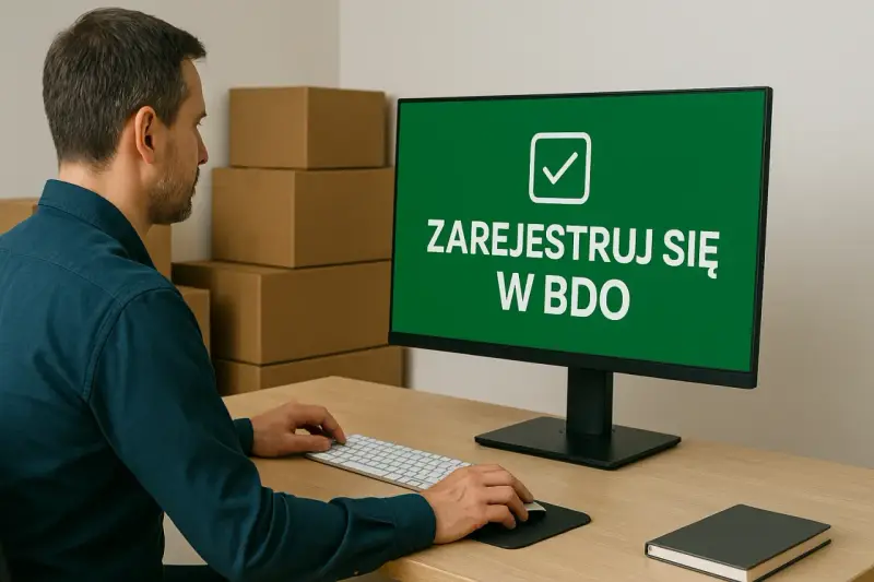 Mężczyzna przy biurku rejestruje jednoosobową działalność gospodarczą a śmieci w systemie BDO.