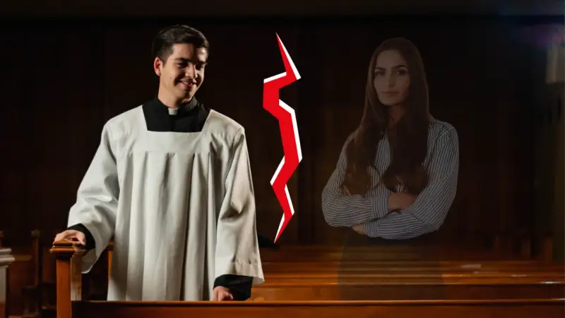 Młody kleryk w sutannie i kobieta po przeciwnych stronach, rozdzieleni czerwoną błyskawicą. Czy to symbol walki z pokusą, która dotyczy co to celibat?