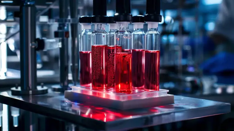 Szklane probówki z czerwonym płynem w laboratorium, podświetlone od spodu.