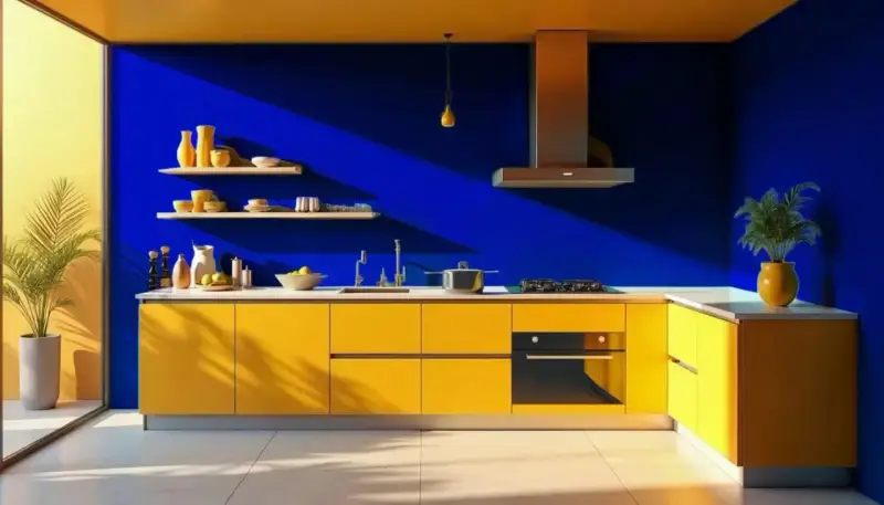 Cuisine aux murs bleu majorelle éclatant et meubles jaunes vifs. Des étagères chargées de vaisselle, une plante verte et un plan de travail moderne.