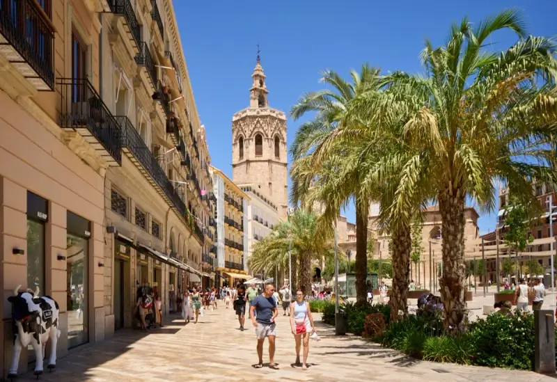 Passeggiata in una via di Valencia con palme e la torre della cattedrale. Ideale per percorsi a piedi.