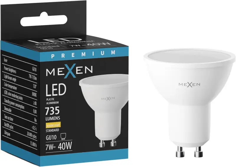 Żarówka LED MEXEN GU10, 7W, 735 lumenów, ciepłe światło. Noryl w obudowie zapewnia trwałość.