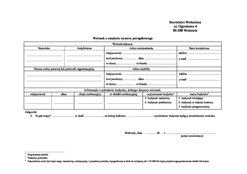 Wniosek o nadanie numeru domu. Formularz zawiera dane wnioskodawcy, adres zamieszkania i siedziby, informacje o położeniu budynku oraz załączniki.