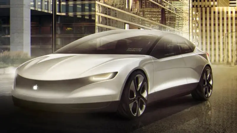 Futurystyczny, biały apple car z podświetlanym logo jabłka, zaparkowany przed nowoczesnymi budynkami w nocy.