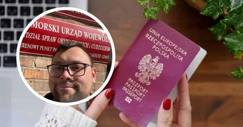 Mężczyzna w okularach przed urzędem, obok paszport. Dowiedz się, ile wcześniej można wymienić paszport, by uniknąć problemów.