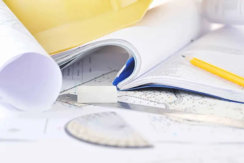 Plany, żółty ołówek i gumka na mapach. Projektowanie przestrzeni, obliczanie powierzchni użytkowej.