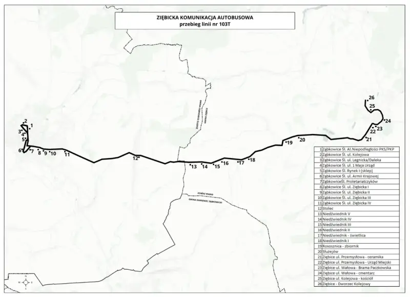 Mapa przebiegu linii autobusowej 103T Ziębice. Zobacz przystanki od Ząbkowic Śl. do Ziębic.