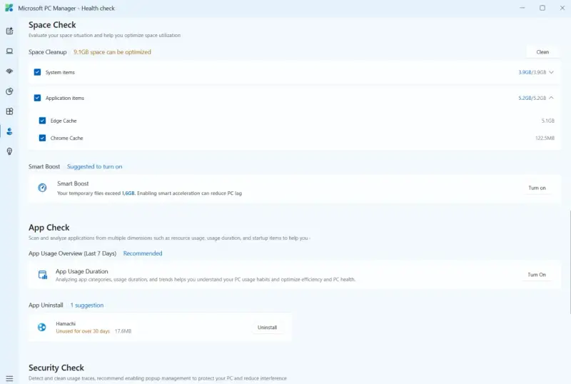 Microsoft PC Manager: Sprawdź stan dysku, optymalizuj miejsce (9.1GB do zwolnienia), włącz Smart Boost i analizuj użycie aplikacji.