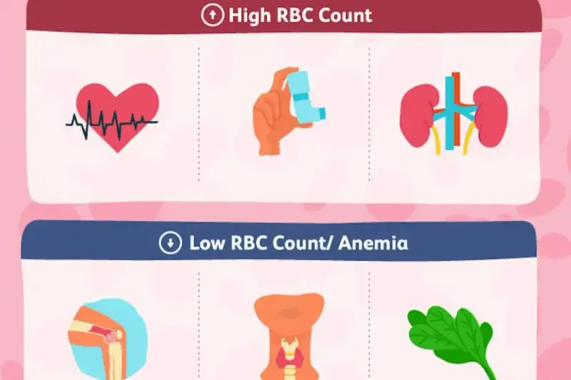 Grafika przedstawia ikony serca z EKG, inhalatora, nerek (wysoki poziom erytrocytów) oraz stawu kolanowego, tarczycy i liścia szpinaku (niski poziom erytrocytów/anemia).