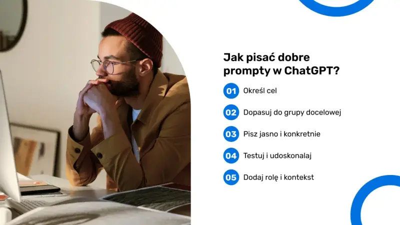 Mężczyzna w okularach i czapce myśli nad tym, jak pisać dobre prompty w ChatGPT. Lista podpowiada: określ cel, dopasuj do grupy docelowej, pisz jasno i konkretnie.