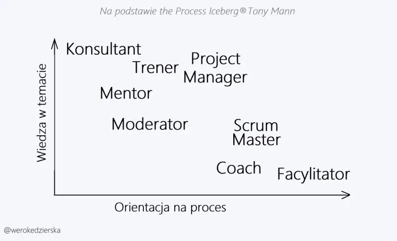 Diagram przedstawia role w procesie: Konsultant, Trener, Mentor, Moderator, Project Manager, Scrum Master, Coach i Facylitator.