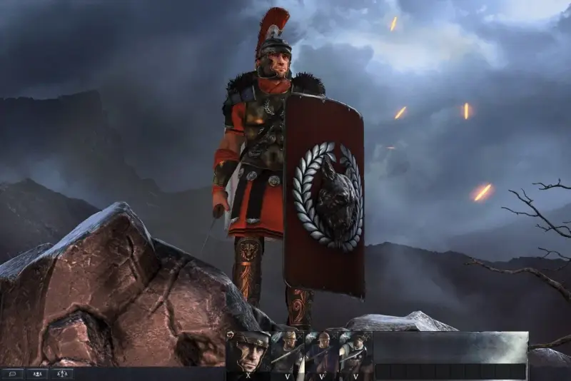 Rzymski legionista z tarczą w kształcie wilka, gotowy do walki w **Total War Arena**. Na niebie płoną pochodnie.