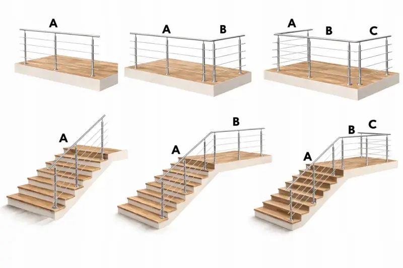 Różne konfiguracje balustrad schodowych i tarasowych. Zwróć uwagę na wysokość poręczy od stopnia, kluczową dla bezpieczeństwa.