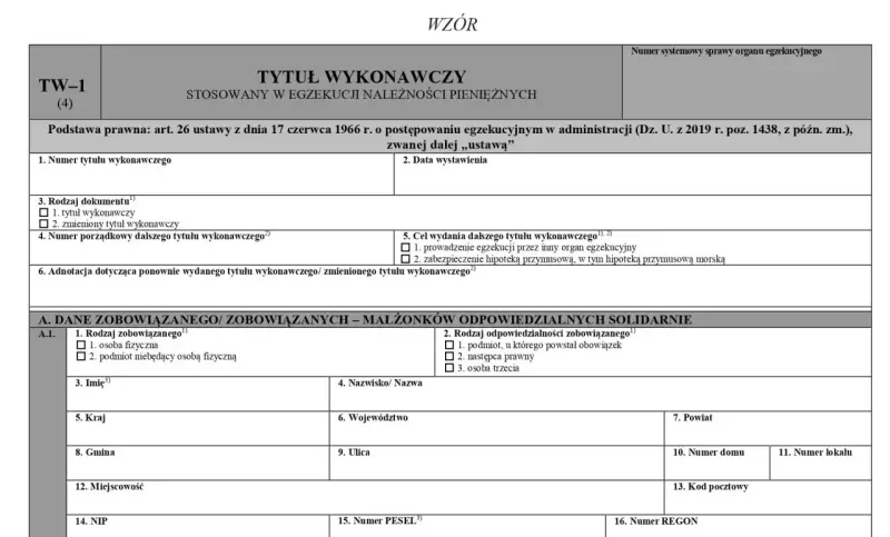 Formularz TW-1 (4) - wzór tytułu wykonawczego do egzekucji należności pieniężnych. Zawiera dane zobowiązanego.