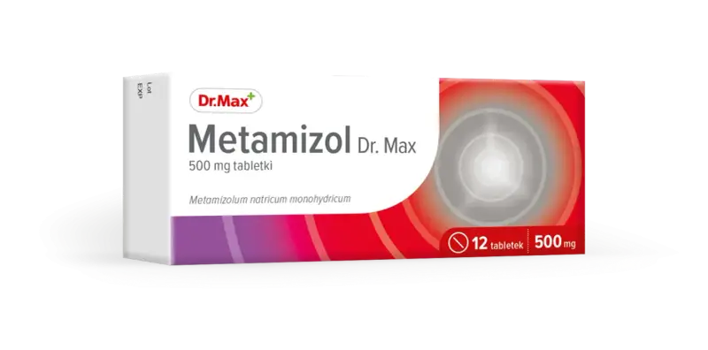 Opakowanie leku Metamizol Dr. Max, 500 mg, zawierające 12 tabletek. Skuteczny środek przeciwbólowy i przeciwgorączkowy.