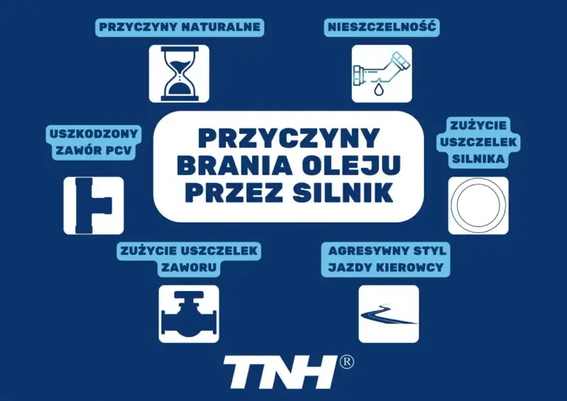 Grafika przedstawia przyczyny brania oleju przez silnik: zużycie uszczelek, nieszczelność, uszkodzony zawór PCV, agresywny styl jazdy i naturalne zużycie.