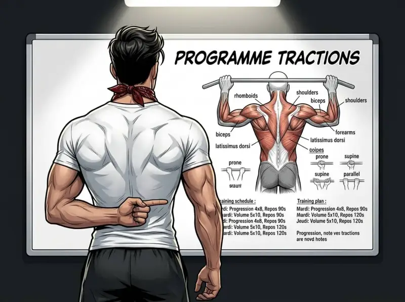 Un homme musclé montre un tableau expliquant le programme tractions, avec des schémas anatomiques et un planning d'entraînement.