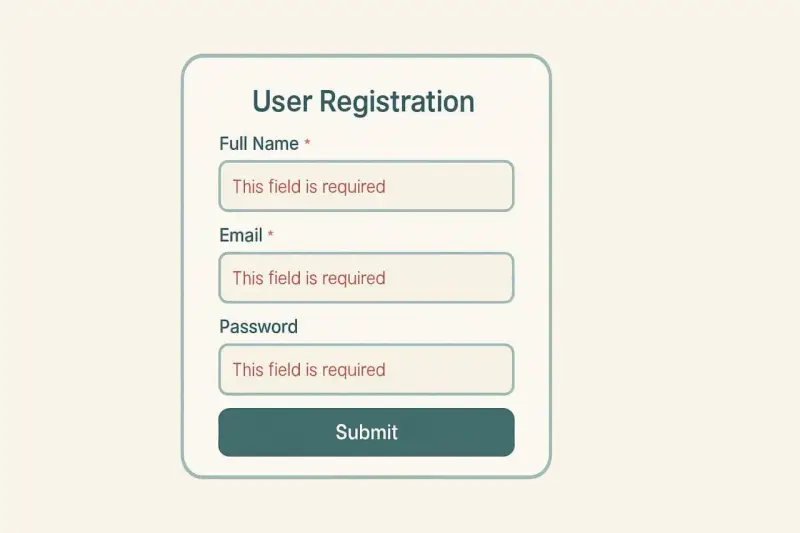 Formularz rejestracji użytkownika z polami: Imię i nazwisko, Email, Hasło. Pola wymagane, gotowe do wypełnienia w technologii html5.