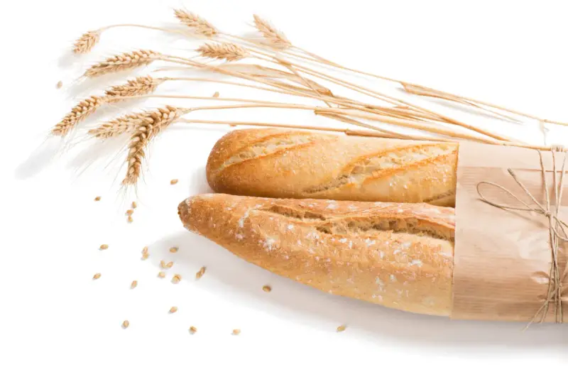 Dwa świeże bagietki, jeden zawinięty w papier, obok kłosów pszenicy i ziaren. Dla osób z alergią na gluten to widok zakazany.