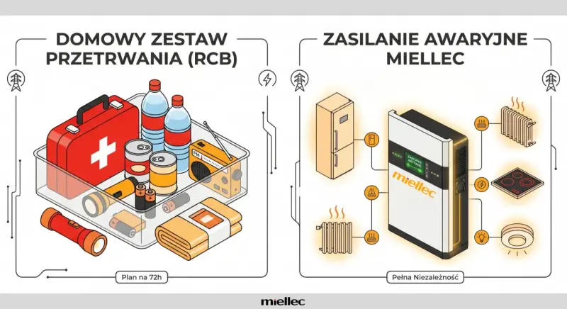 Zestaw przetrwania na wypadek blackout w Polsce: apteczka, woda, jedzenie, radio, latarki. Zasilanie awaryjne Miellec zapewnia prąd do lodówki, ogrzewania, kuchenki i oświetlenia.