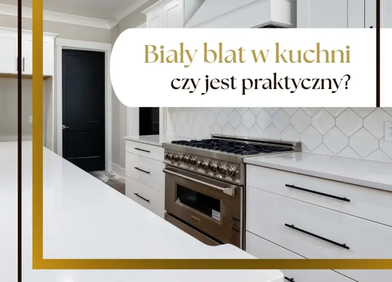 Nowoczesna kuchnia z białym blatem, który jest praktyczny mimo pozorów. Widoczna kuchenka i czarne drzwi.