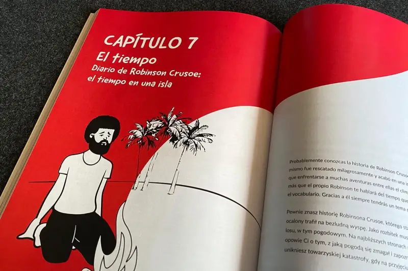Hiszpański podręcznik z rozdziałem o Robinsonie Crusoe. Ilustracja przedstawia rozbitka na wyspie.