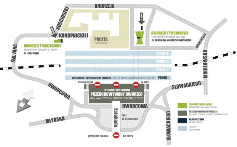 Mapa okolic placu Andrzeja w Katowicach PKP. Widać tymczasowy dworzec, przebudowywany dworzec, pocztę i perony.