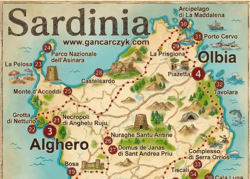 Mapa turystyczna Sardynii, pokazująca gdzie leży ta włoska wyspa, z zaznaczonymi atrakcjami jak Alghero, Olbia i Porto Cervo.