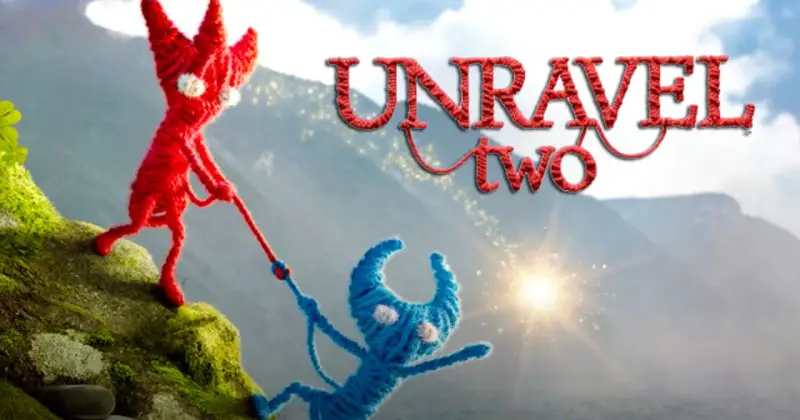 Dwa włóczkowe stworki, czerwony i niebieski, wspinają się po zboczu. Tytuł gry "Unravel Two" widnieje na tle gór.