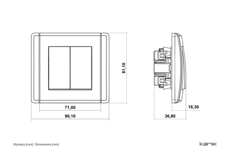 Rysunek techniczny przedstawia łącznik dwubiegunowy z dwoma klawiszami, z wymiarami 90,10 x 81,10 mm.