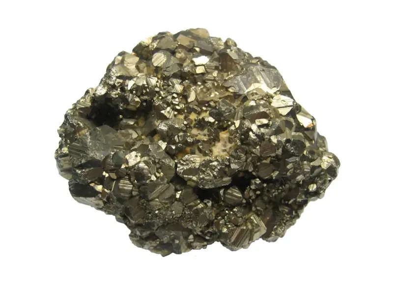 A cluster of metallic, brass-colored crystals, likely pyrite, showcasing its cubic structure. This specimen highlights the visual differences when comparing marcasite vs pyrite.
