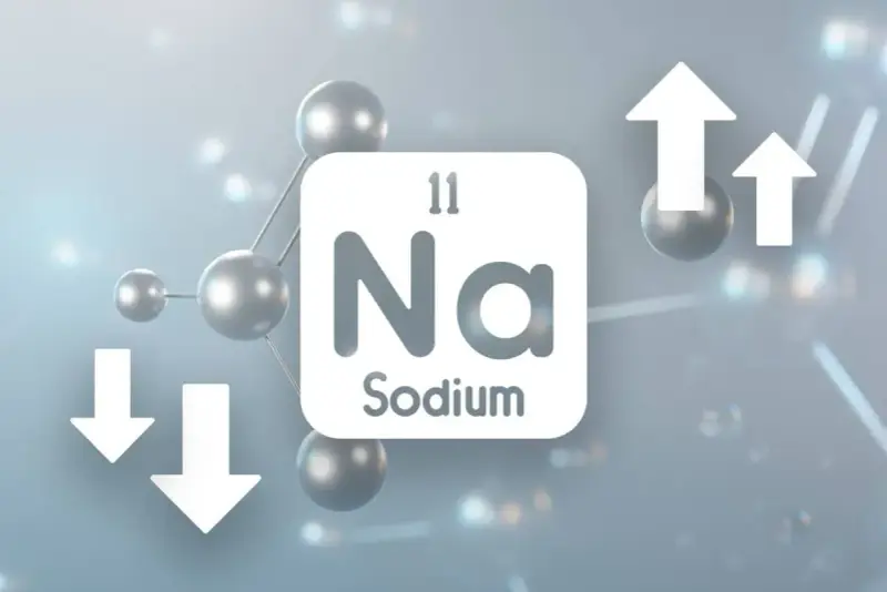 Symbol Na z atomami i strzałkami w górę i w dół, ilustrujący zmiany poziomu sodu, mogące prowadzić do hiponatremii.