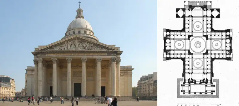 Monumentalny Panteon w Paryżu, przykład klasycystycznego stylu w architekturze, obok jego planu.