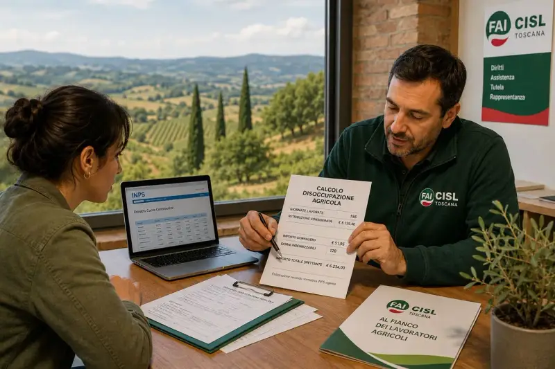 Uomo e donna analizzano calcolo disoccupazione agricola. Offerte lavoro stagione invernale per lavoratori agricoli.