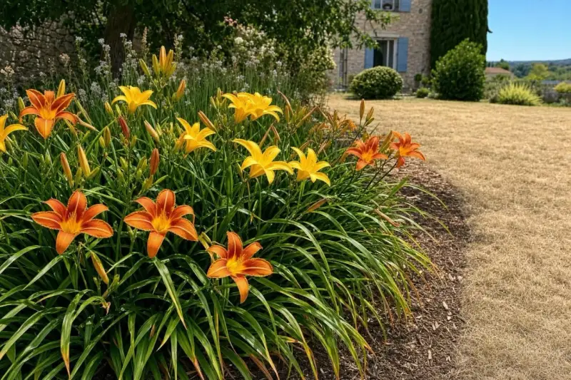 Un parterre de hémérocalles orange et jaunes, plantes vivaces qui fleurissent de mai à octobre, borde une pelouse sèche.