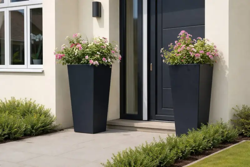Zwei hohe, dunkle Pflanzkübel mit rosa und weißen Blüten schmücken den Eingangsbereich. Ein schöner Weg, den hauseingang zu bepflanzen.